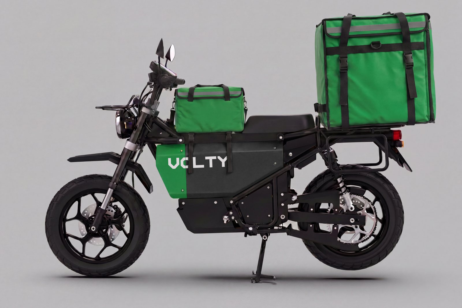 Insulated bags front and rear, app mount on the bars, phone charging all shift.