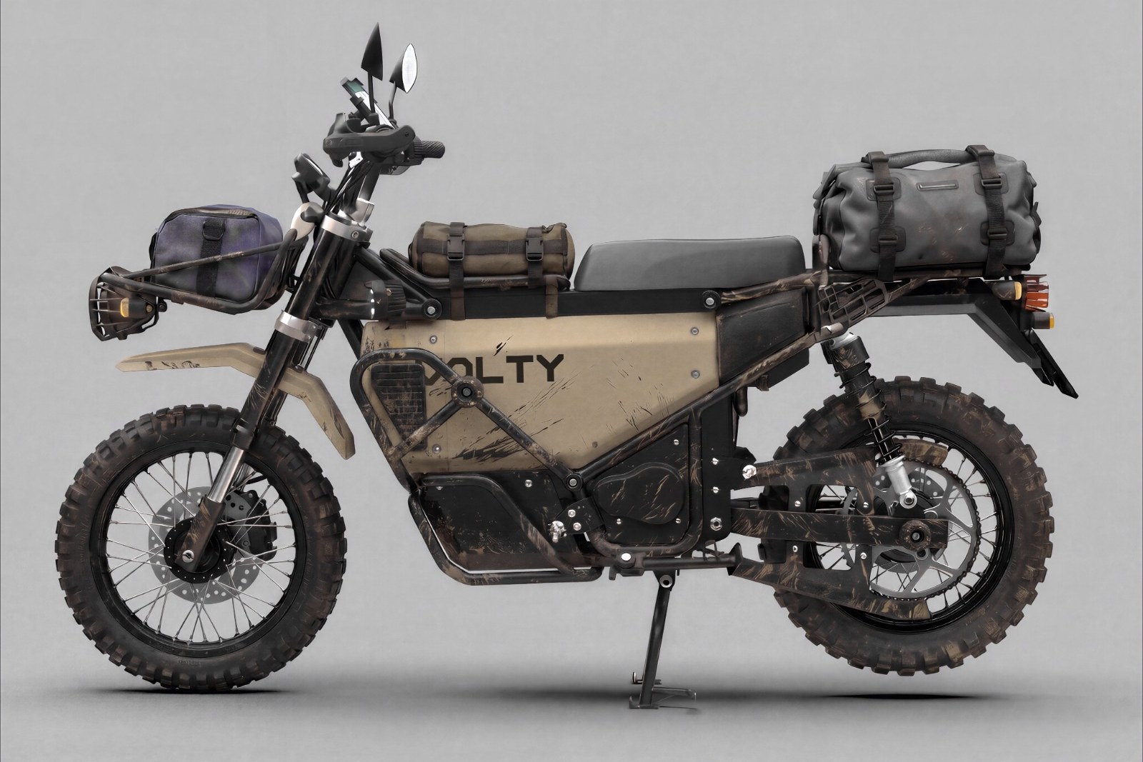 Knobby tires, skid plate and crash bars, dry bags front and rear. Concept build.