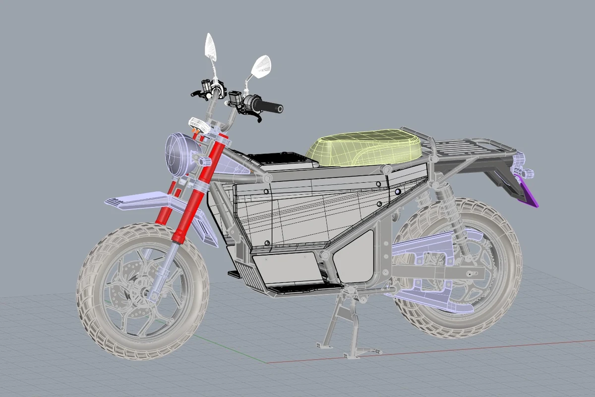 CAD model of the U1 in three-quarter view: frame, battery box, forks, seat and rear rack
