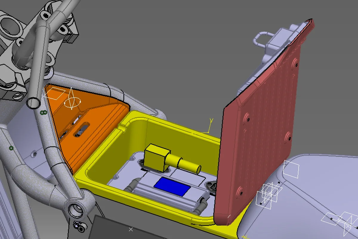 CAD view of the U1 front bay with its lid open, the controller and wiring reachable from above