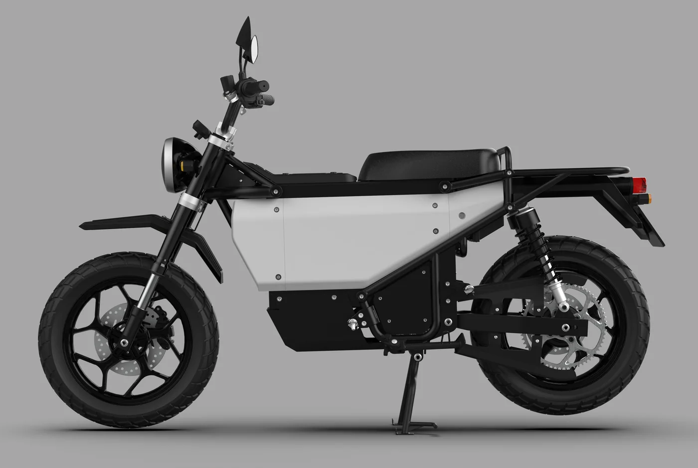 Volty U1-F side view in studio, with a flat white side panel between the seat and the battery bay