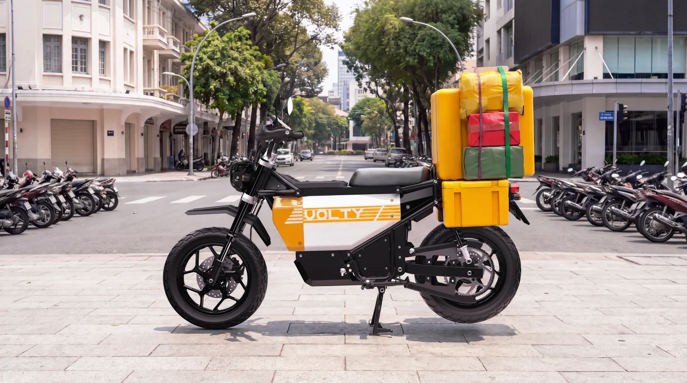 Volty U1-F in a yellow delivery livery on a Ho Chi Minh City street, rear top box and stacked parcels strapped to the rack