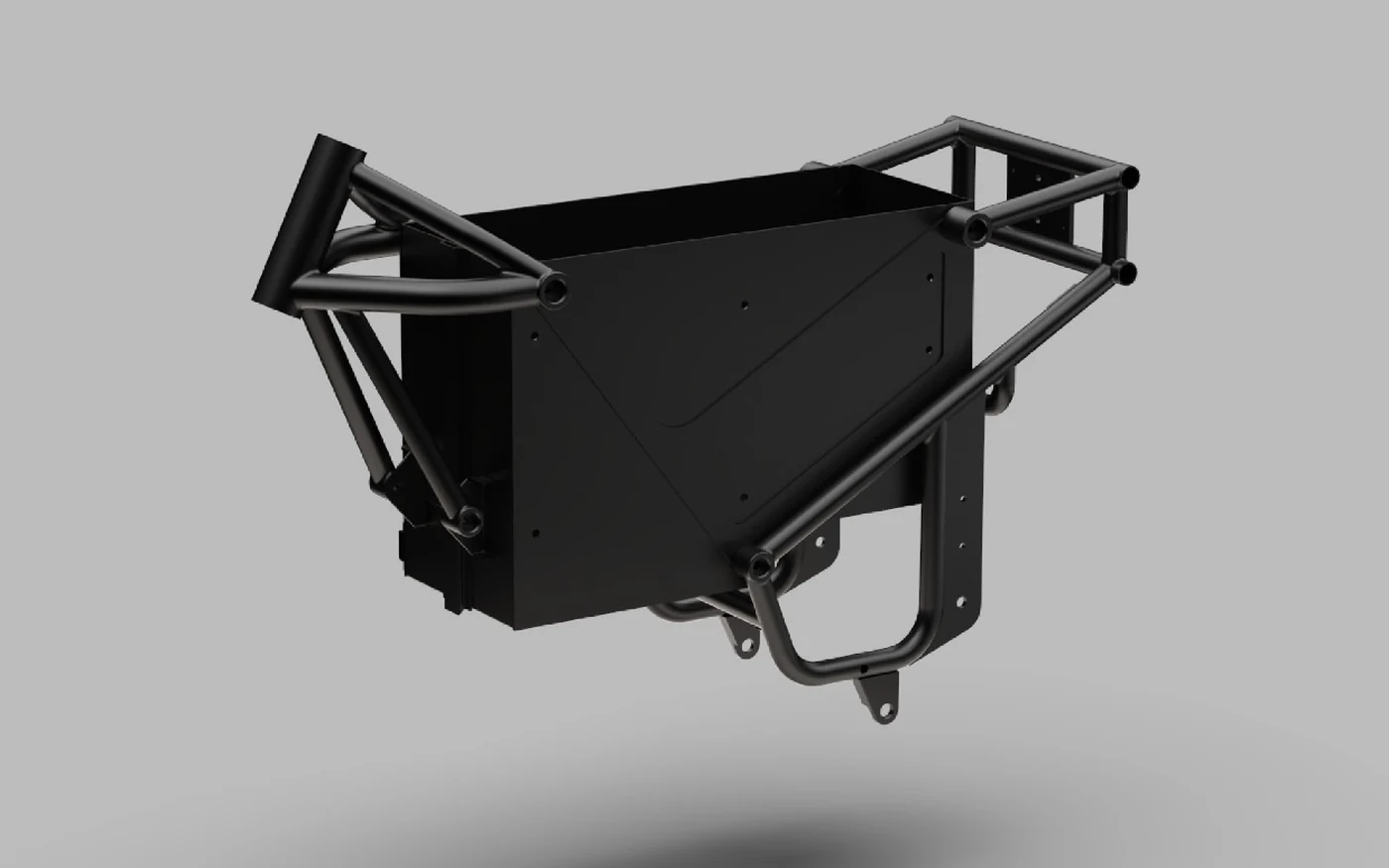 The Volty U1 chassis: head tube, twin rails, battery bay, rear rack cage and swingarm plate